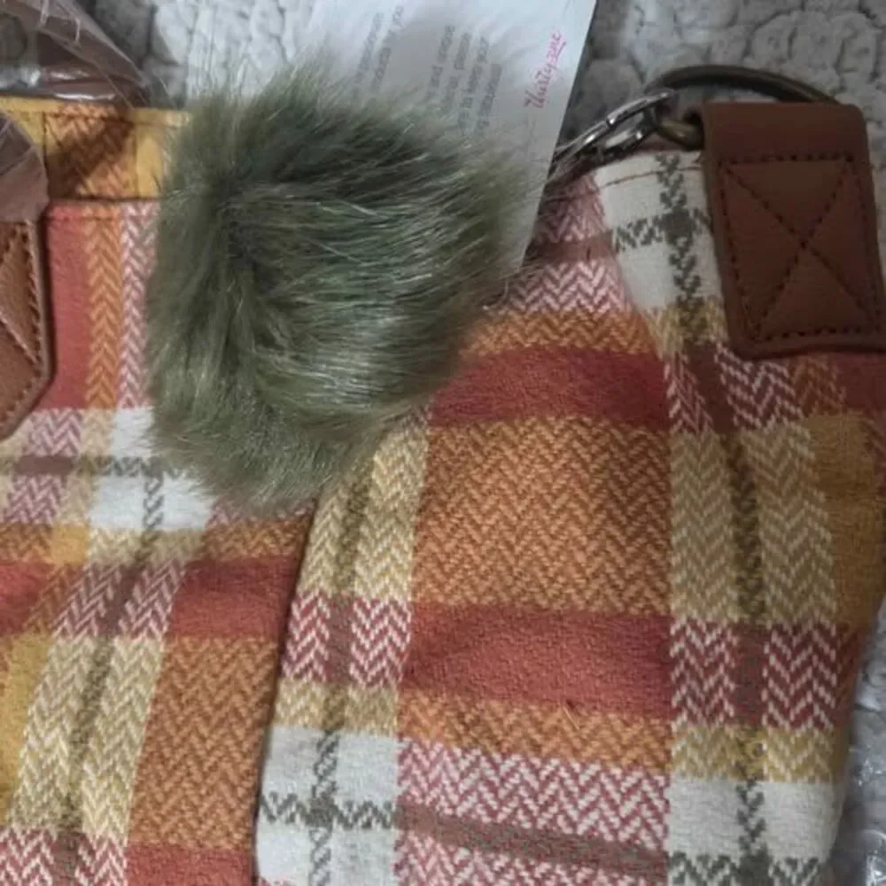 Thirty-one Casual Crossbody Tote Fall woven Plaid with olive pom bag charm new